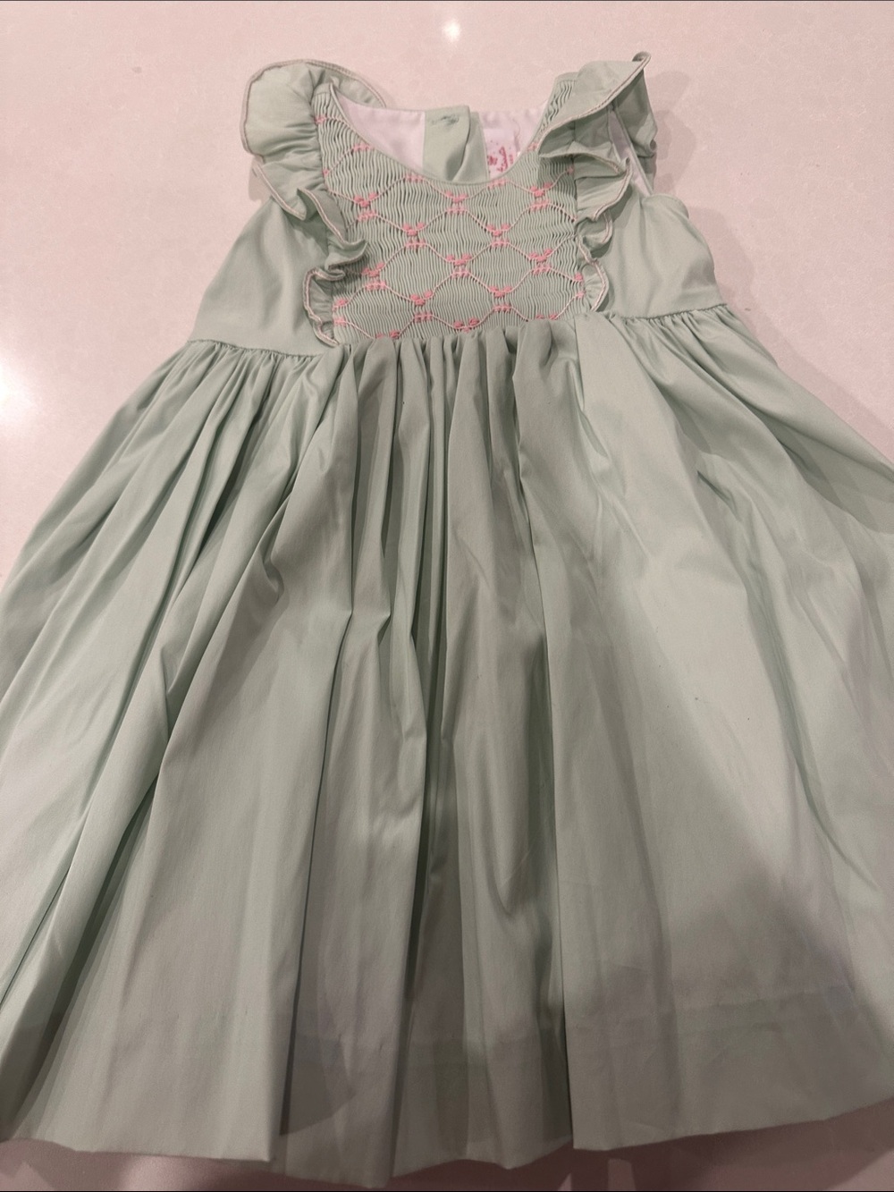 Hand-Smocked Mint Ruffle-Shoulder Formal Dress for Girls